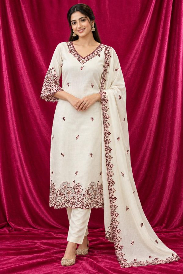 Cream Floral Vine Embroidered 3PC Churidar Set –
