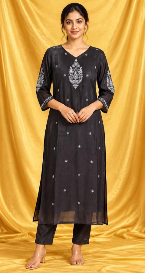 Black Embroidered Side-Cut Kurti
