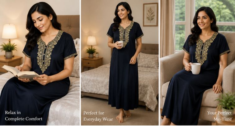 Midnight Black Alpine Embroidered Slim Cut Nighty