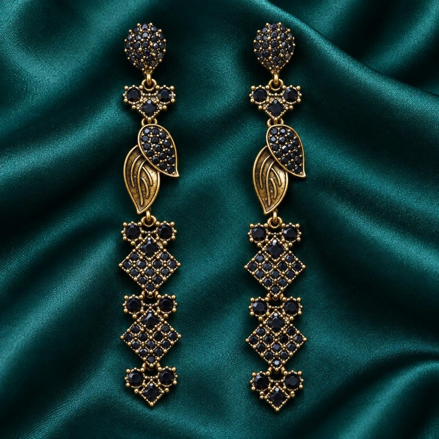 Elegant Green and Gold Floral Long Earrings