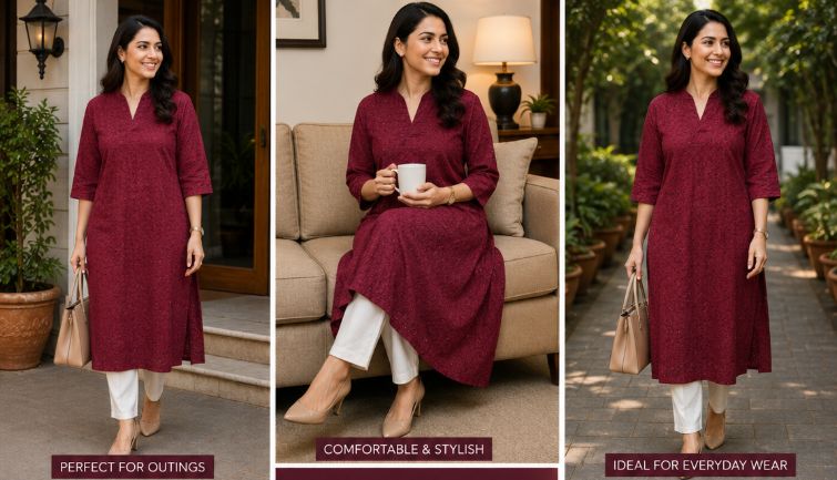 Elegant Maroon Self-Embroidered Kurti