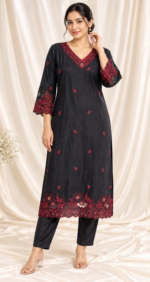 Elegant Black & Red Embroidered 3-Piece Churidar Set