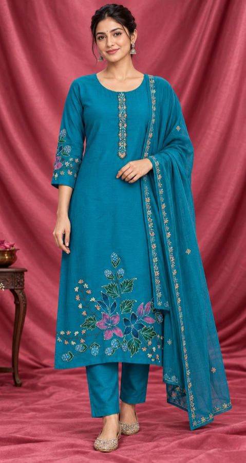 3 PC Teal Blue Set with Hand Embroidery