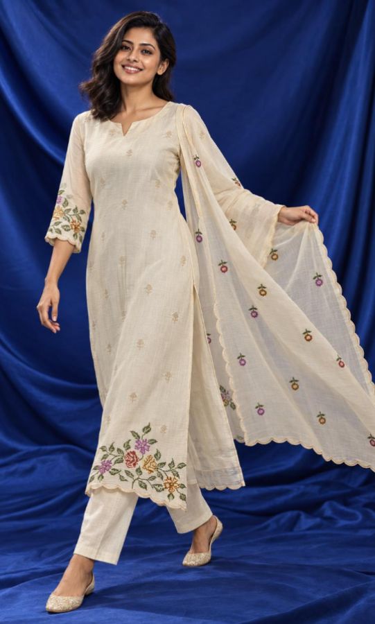 Cream Colored 3 PC Set with Floral Embroidery