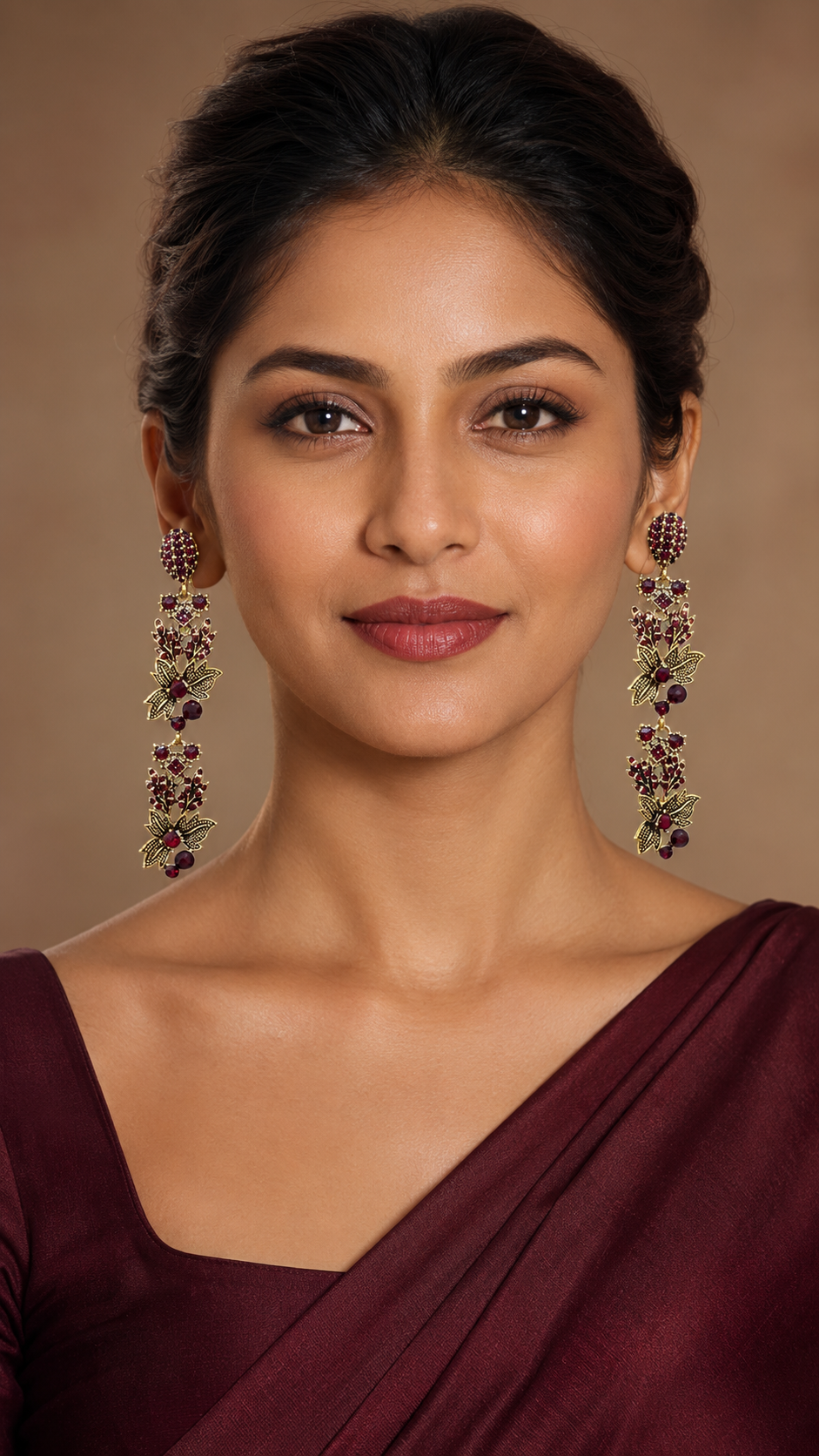 Floral Gold and Ruby Dangle Earrings