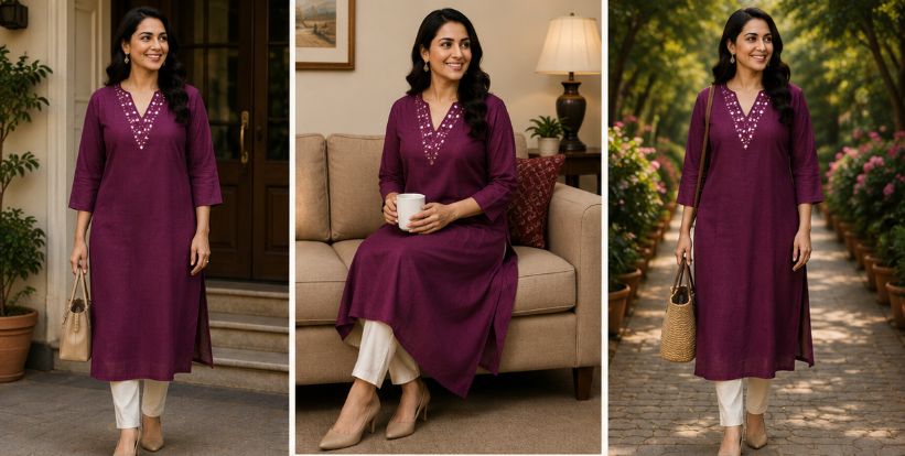 Elegant Mirror Work Single PC Kurti – Wine Maroon