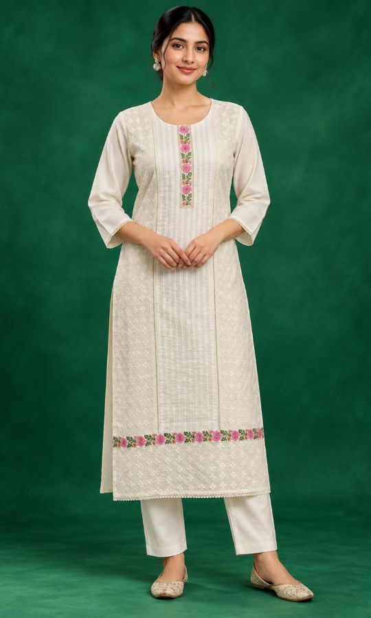 Ivory Pink Floral Embroidered Kurti