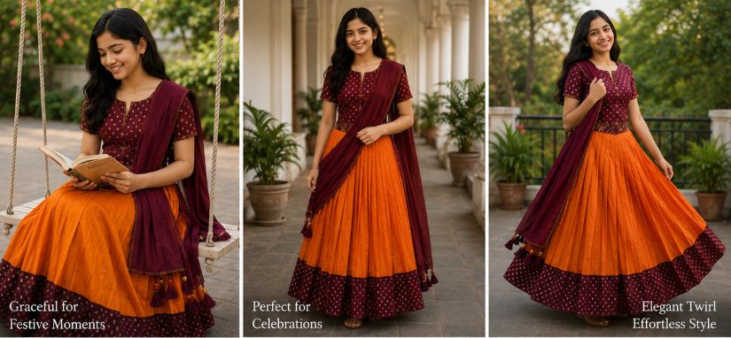 Girls Soft Silk Lacha with Unstitched Blouse & Dhavani