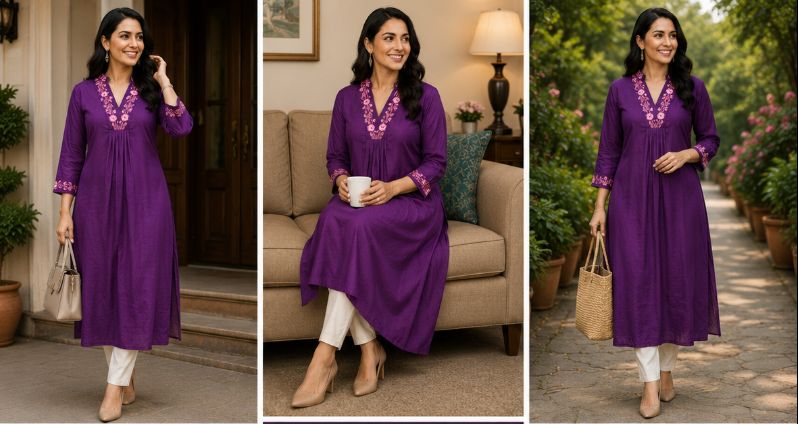 Elegant Purple Floral Embroidered Single PC Kurti