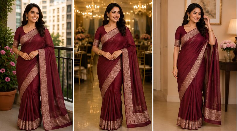 Elegant Burgundy Saree with Woven Border & Blouse