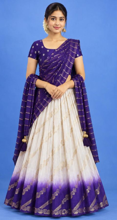 Girls Soft Silk Lacha with Unstitched Blouse & Dhavani