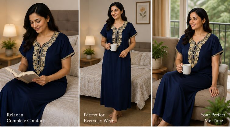 Midnight Elegance Alpine Slim Cut Nighty - Dark Navy Blue with Gold Embroidery