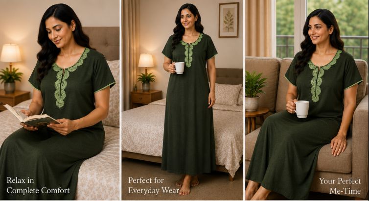 Alpine Olive Comfort Pocket Slim-Cut Nighty - Dark Olive Green with Light Green Embroidery