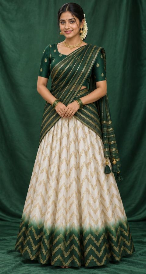 Girls Soft Silk Lacha with Unstitched Blouse & Dhavani