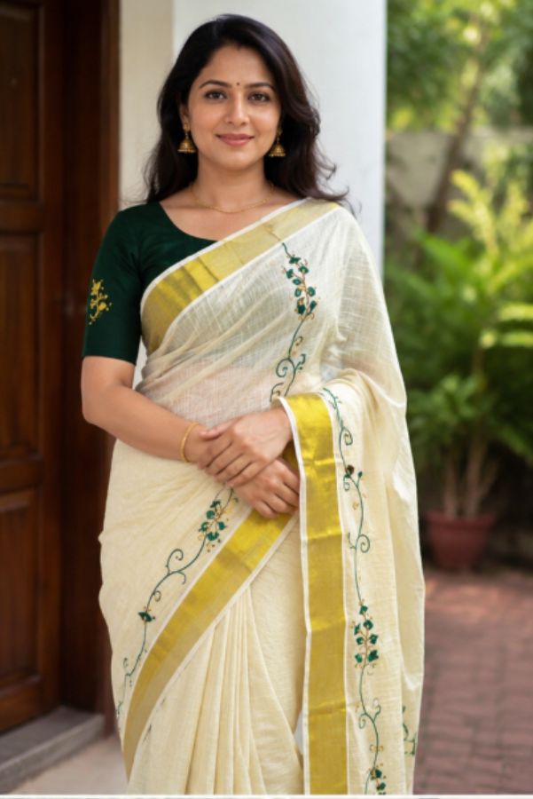 Kerala Kasavu Embroidered Saree with Green Blouse