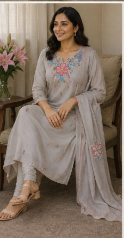 Elegant Mulchanderi Embroidered 3-Piece Churidar Set