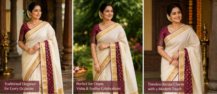 Maroon Heritage Kerala Kasavu Saree