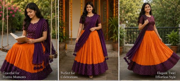 Girls Soft Silk Lacha Set with Unstitched Blouse & Dhavani