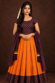 Girls Soft Silk Lacha Set with Unstitched Blouse & Dhavani