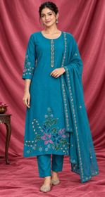 3 PC Teal Blue Set with Hand Embroidery