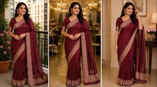 Elegant Burgundy Saree with Woven Border & Blouse