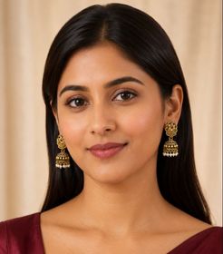 Antique-Gold Floral Pearl Jhumka Earrings