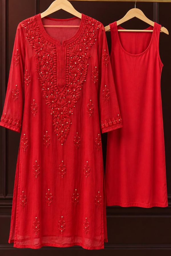 DARK RED COLORED VISCOSE CHIKANKARI (PD-0020)