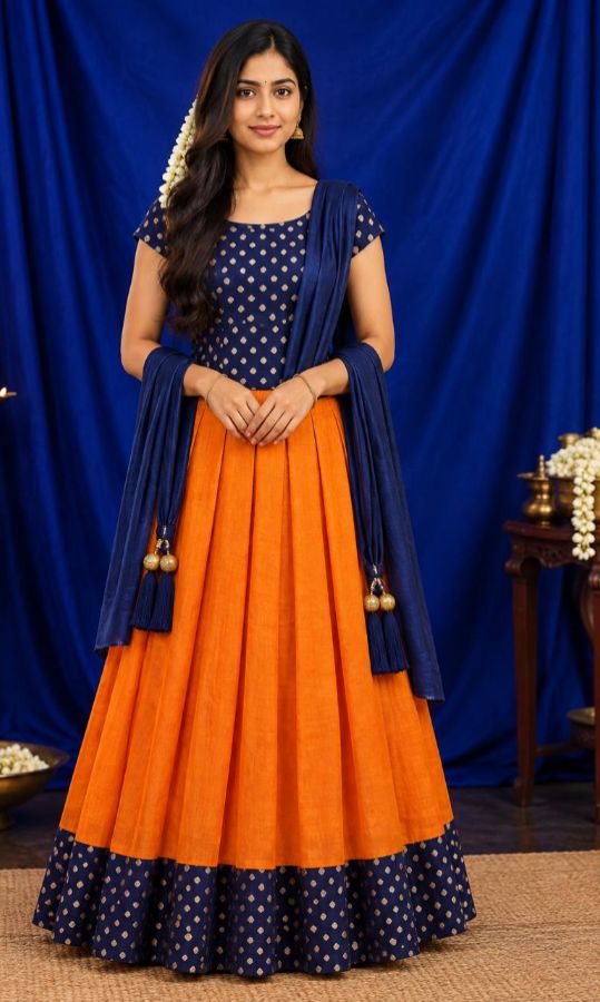 Girls Soft Silk Lacha Set with Unstitched Blouse & Dhavani