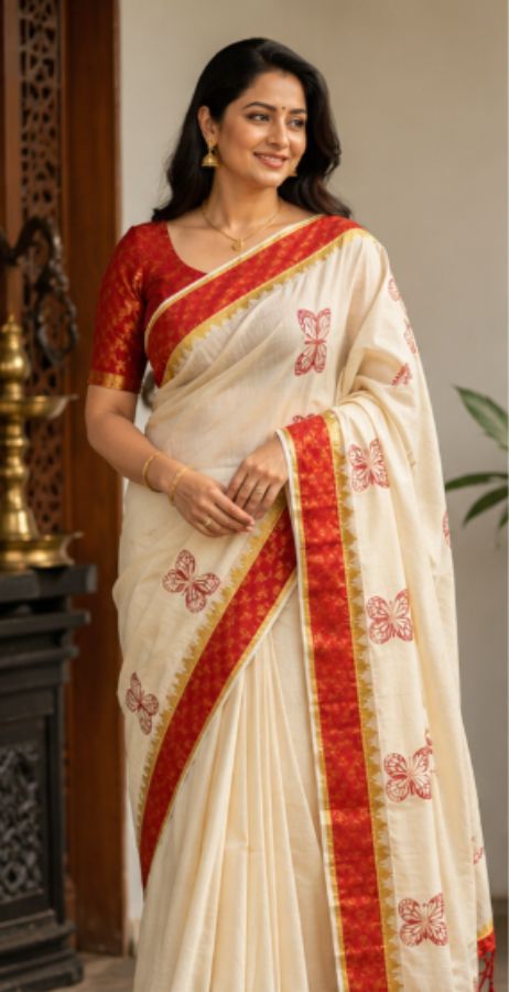 Kerala Kasavu Saree with Red Blouse