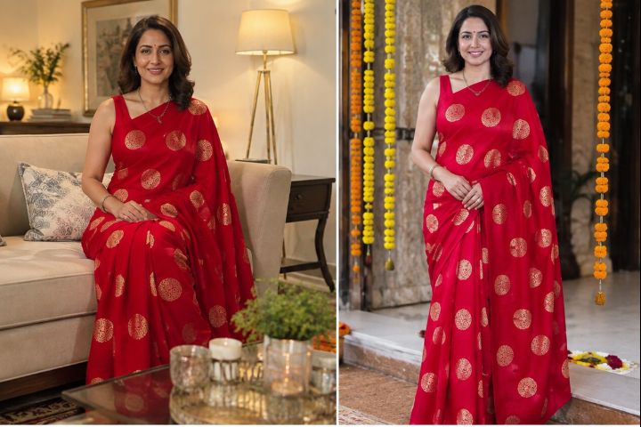 Elegant Red & Gold Motif Saree with Attached Blouse