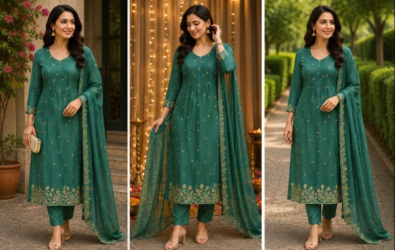 Evergreen Elegance Embroidered 3PC Churidar Set