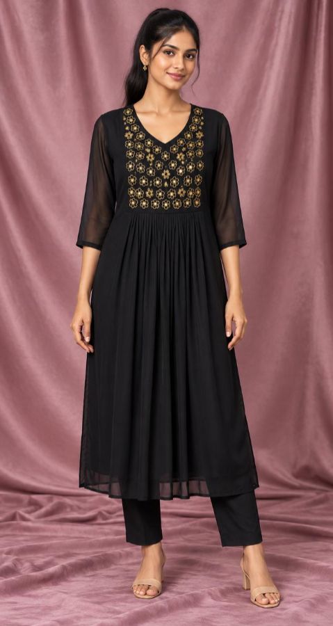 Black & Gold Embroidered Flared Kurti