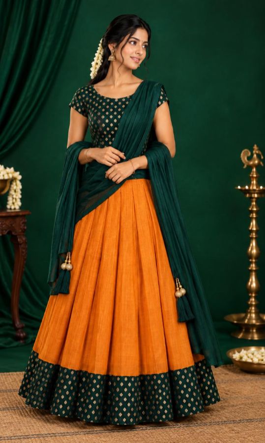Girls Soft Silk Lacha with Unstitched Blouse & Dhavani