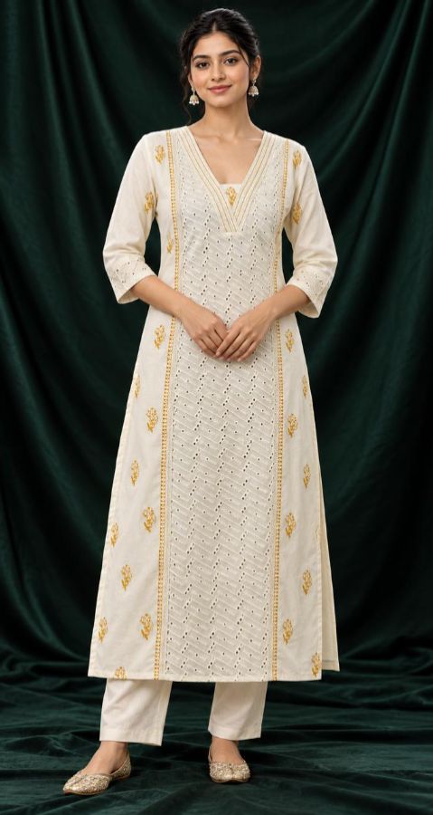 Ivory Yellow Embroidered Kurti