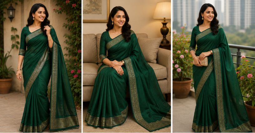 Emerald Green Elegant Border Saree with Blouse