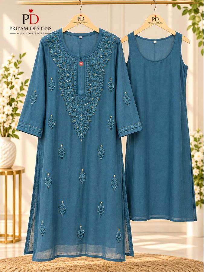 TEAL BLUE VISCOSE CHIKANKARI