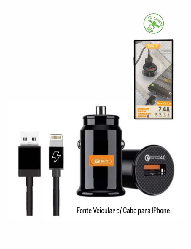 FONTE VEICULAR COM CABO PARA IPHONE TURBO - MARCA: BYZ REF: DAY-C822I