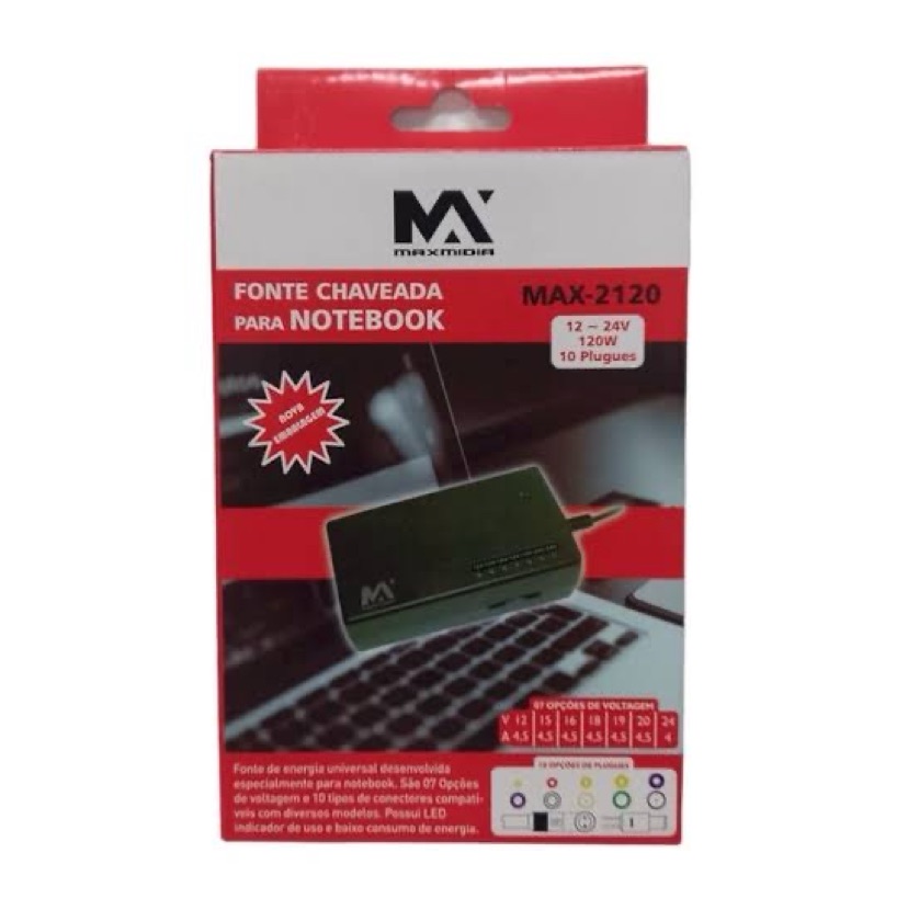 FONTE PARA NOTEBOOK UNIVERSAL CHAVEADA - MARCA: MAXMIDIA REF: MAXMIDIA MAX-2120