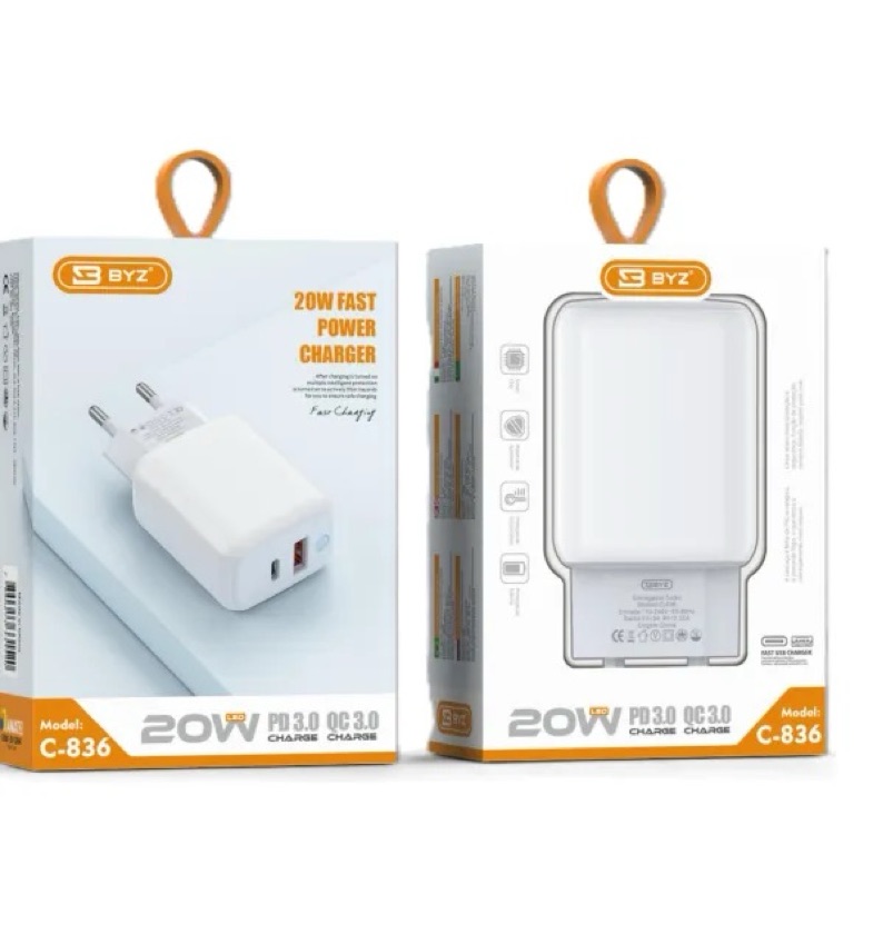 FONTE CASA USB E TIPO C (20W DE POTÊNCIA) - MARCA: BYZ REF: C-836