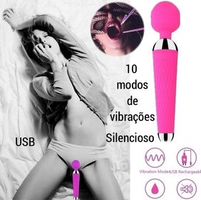 Varinha Mágica 10 modos de vibrações USB Silencioso Silicone Cor Preta