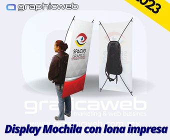 Display mochila con lona impresa 55 cm x 120 cm adicional reverso lona de 55 x 40 cm impresa