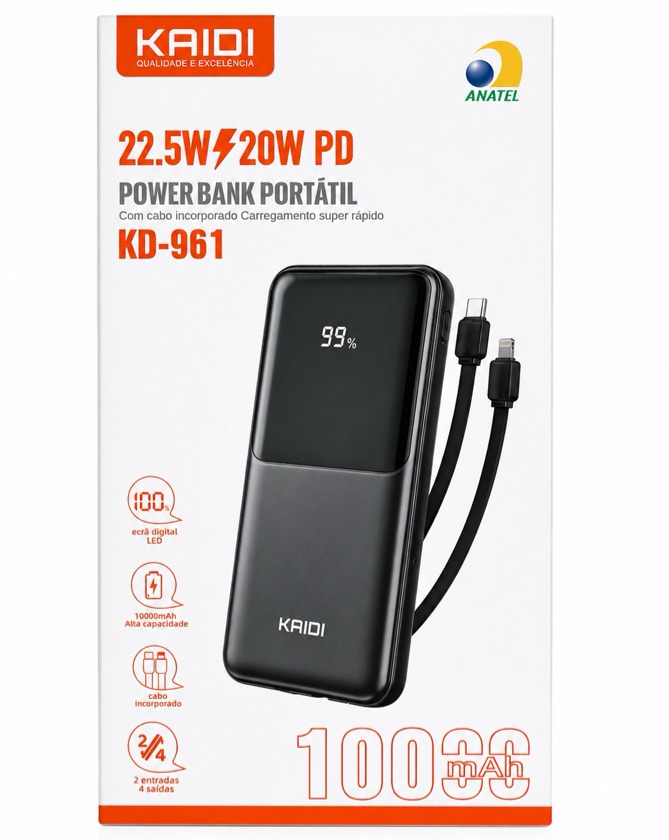 CARREG PORTÁTIL 22.5W KAIDI 10000MAH KD-961