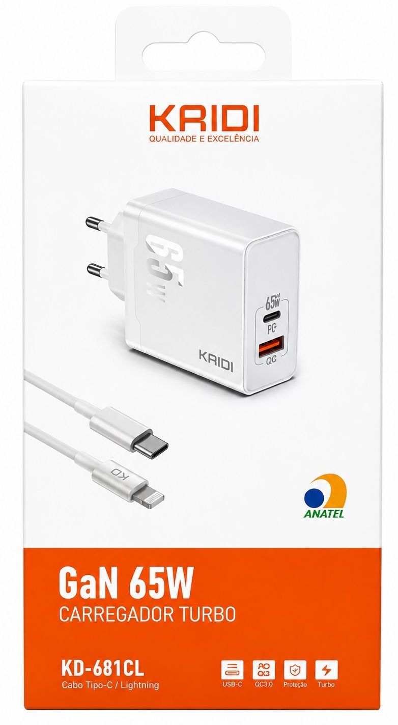 CARREG KAIDI USB/TYPE-C C/C IPHONE 65W KD-681CL