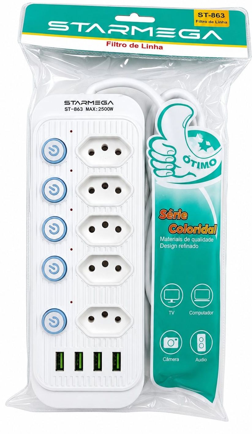FILTRO COM 5 TOMADAS/4USB STARMEGA ST-863