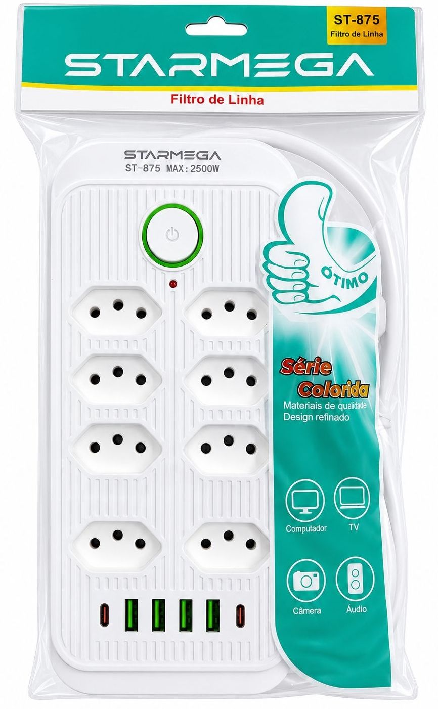 FILTRO COM 8 TOMADAS/4USB/2TC STARMEGA ST-875
