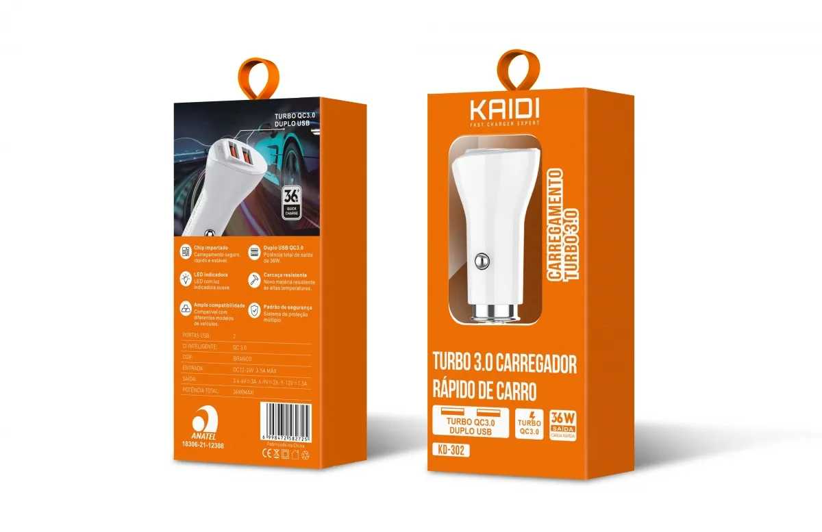 FONTE VEICULAR COM 2 USB KAIDI KD-302 36W