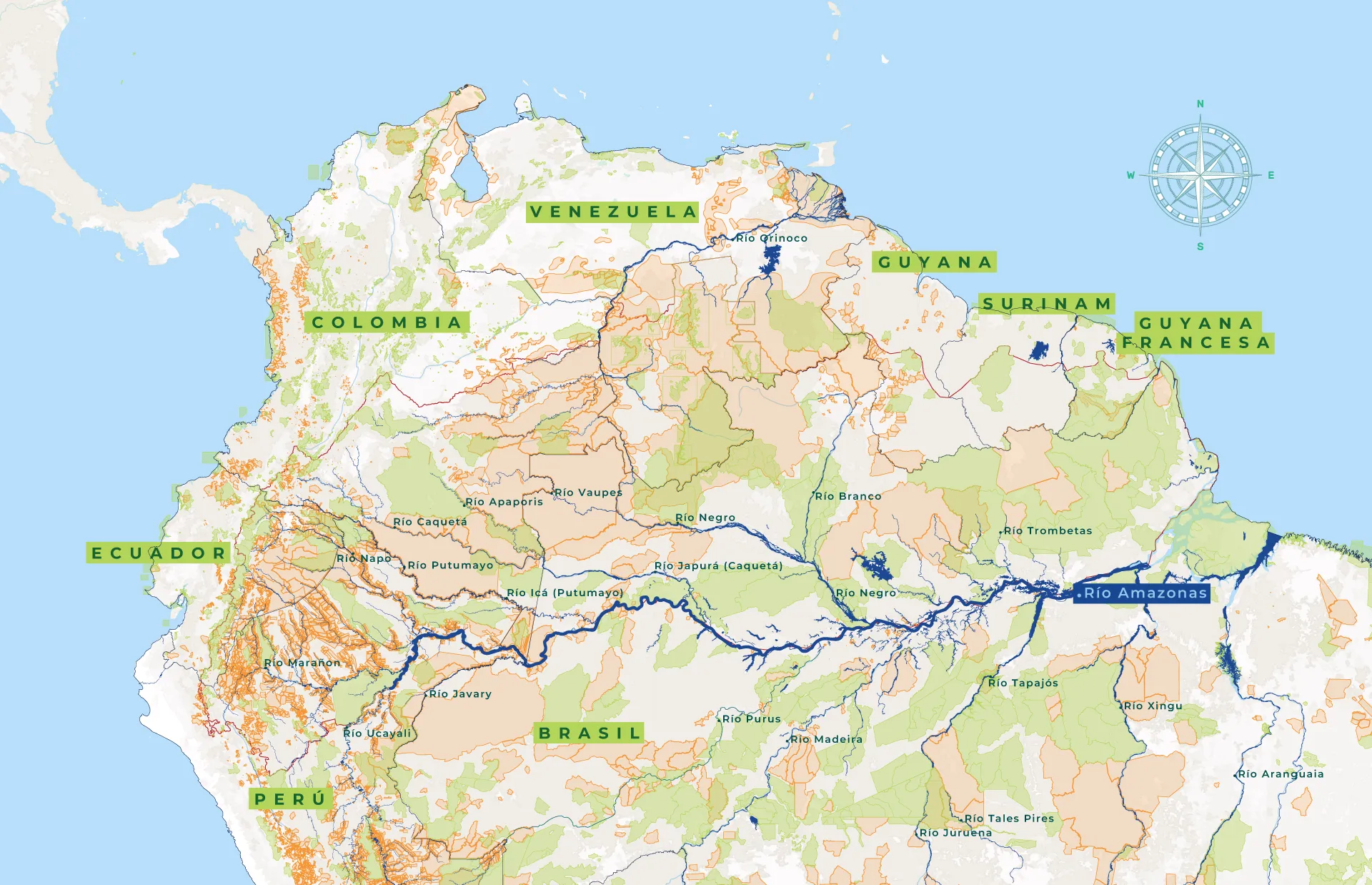 Mapa de la región al norte del río Amazonas con los territorios de los miembros de la Alianza