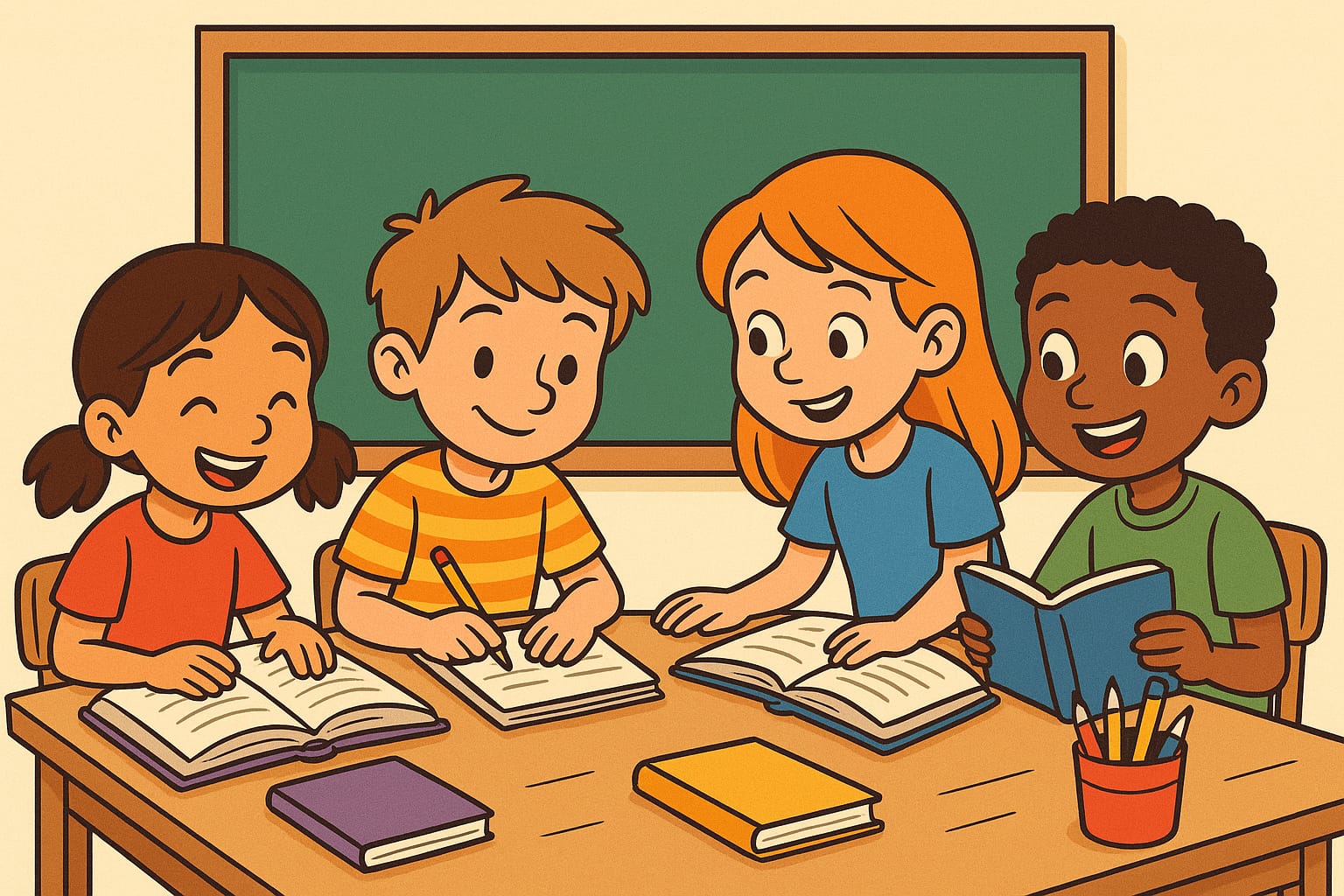 Ilustración animada de niños estudiando en un aula con una profesora sonriente