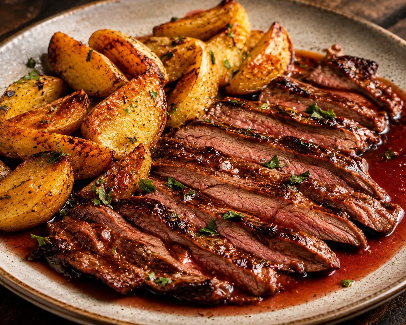 Vacío al horno con papas y fondo de vino tinto