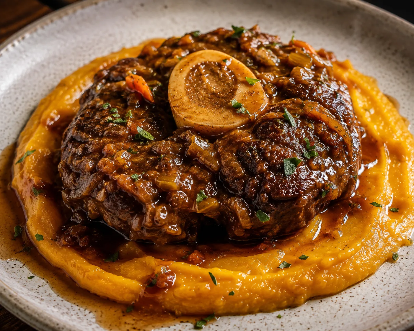Osobuco braseado con puré de calabaza